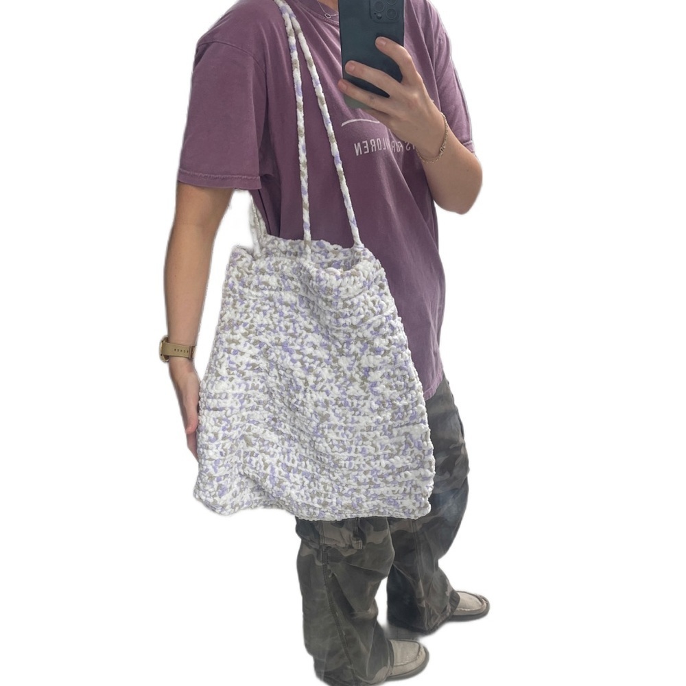 Handmade chenille boho hobo slouch satchel shoulder tote bag purple and white